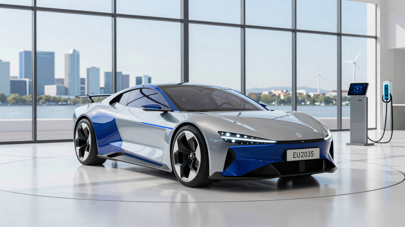 Carro esportivo elétrico cinza e azul em salão moderno com janela panorâmica e estação de recarga.