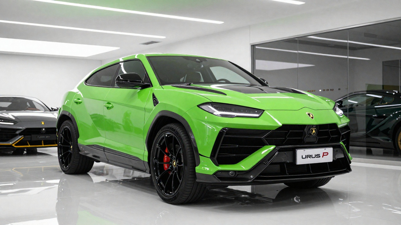 SUV Lamborghini Urus P verde neon estacionado em showroom com acabamento preto e rodas esportivas.
