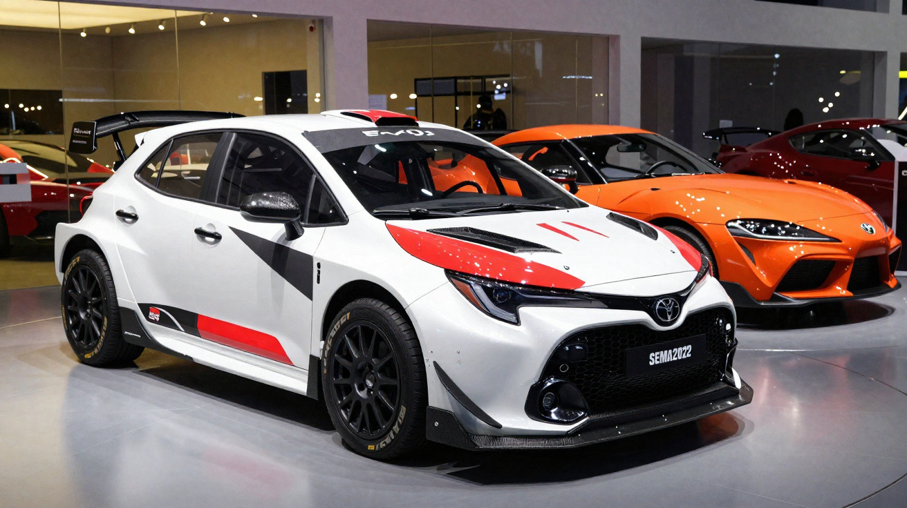 Carro de corrida branco com detalhes vermelhos e preto, exibido em salão de carros ao lado de um esportivo laranja.