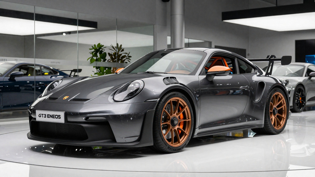 Carro esportivo Porsche GT3 ENEOS cinza com detalhes em bronze exposto em showroom moderno.