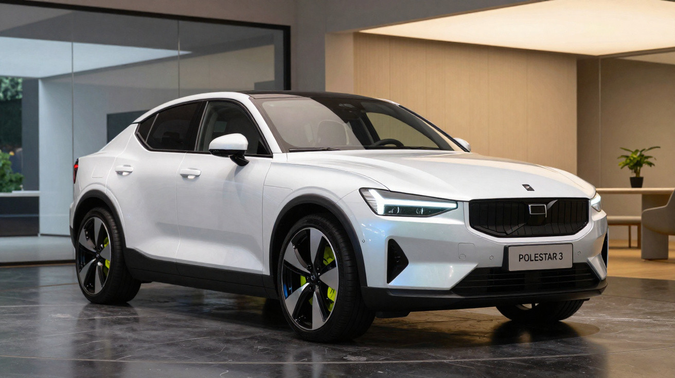 Carro elétrico Polestar 3 branco estacionado em ambiente interno moderno e iluminado.