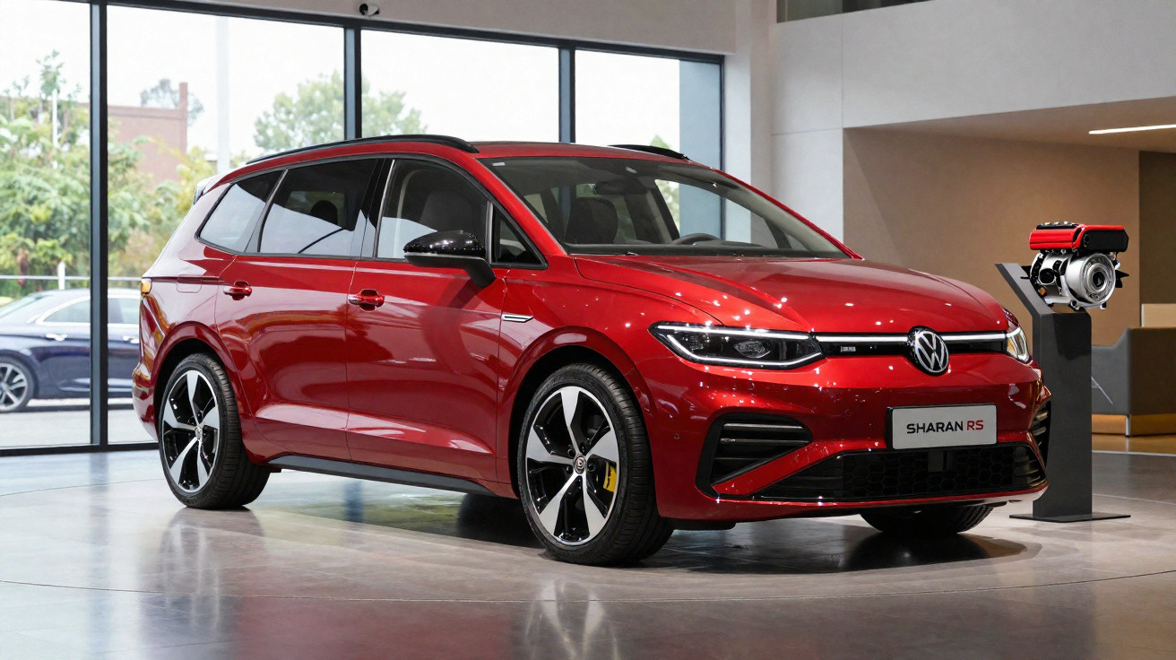 Carro Volkswagen Sharan RS vermelho em exposição interna com motor em pedestal ao lado.