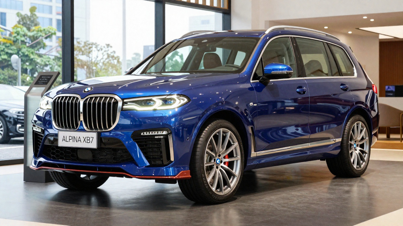 SUV BMW Alpina XB7 azul exibido em showroom com iluminação natural e piso cinza.