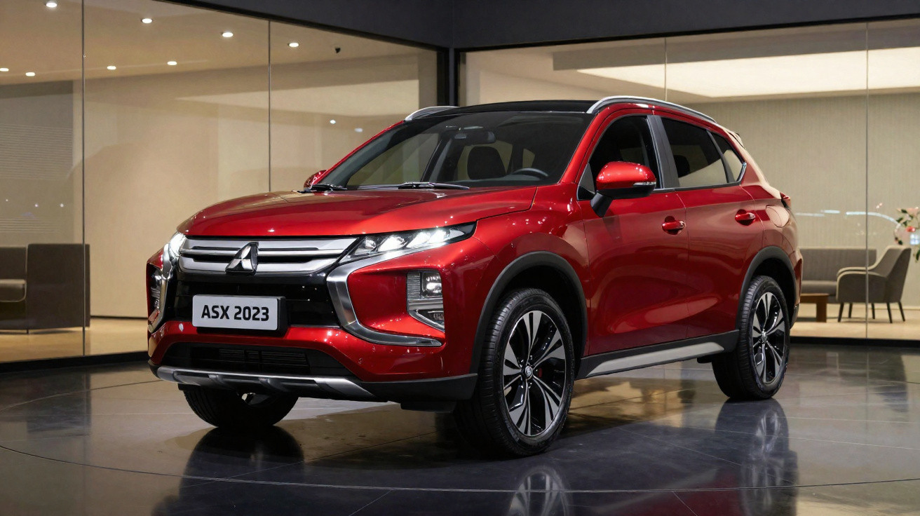 SUV Mitsubishi ASX 2023 vermelho em exposição interna com piso espelhado e ambiente moderno.