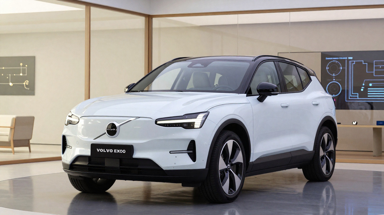 Carro elétrico Volvo EX90 branco em exposição indoor com design moderno e rodas aro grande.