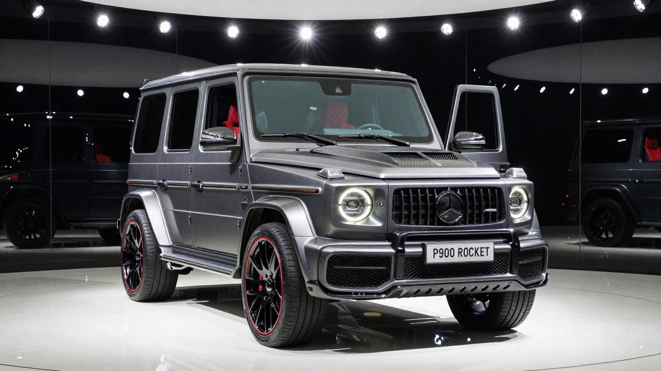 SUV Mercedes-Benz P900 Rocket cinza escuro exibido em ambiente interno com portas abertas e luzes refletidas no espelho.
