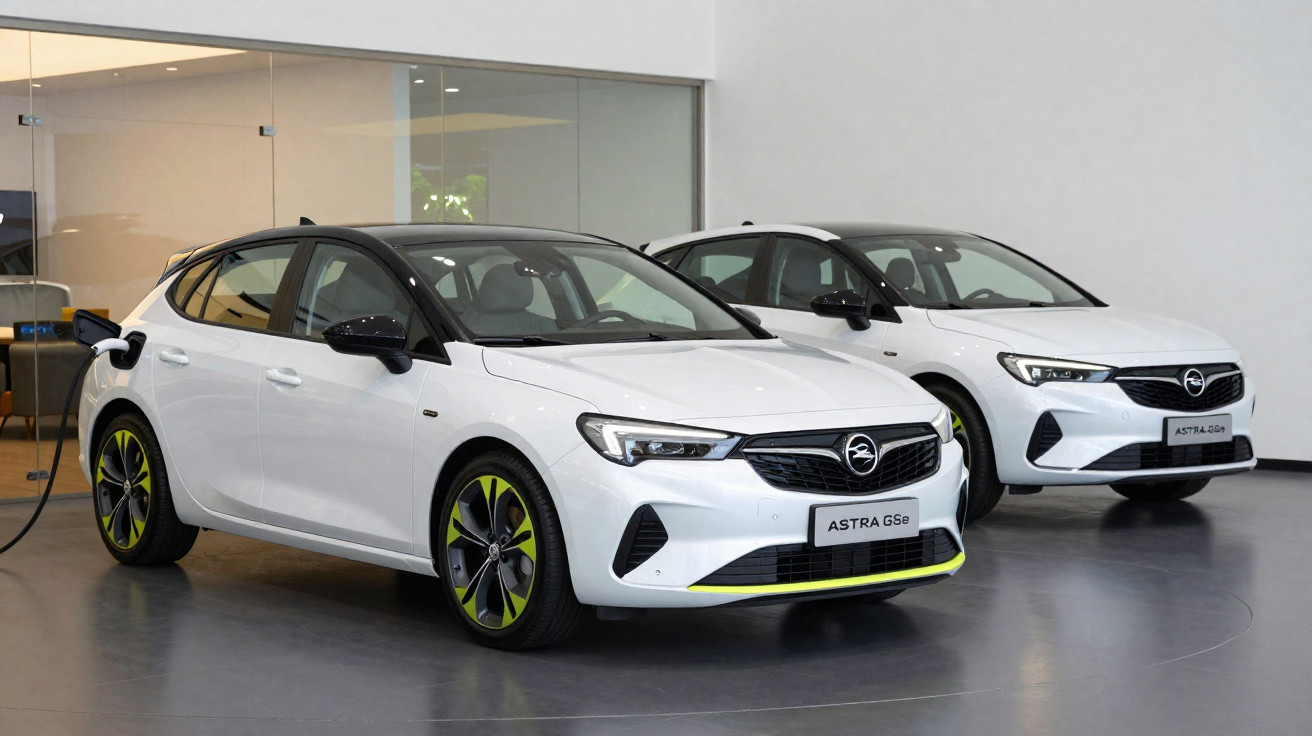 Dois carros elétricos Astra GSe brancos estacionados em showroom moderno.