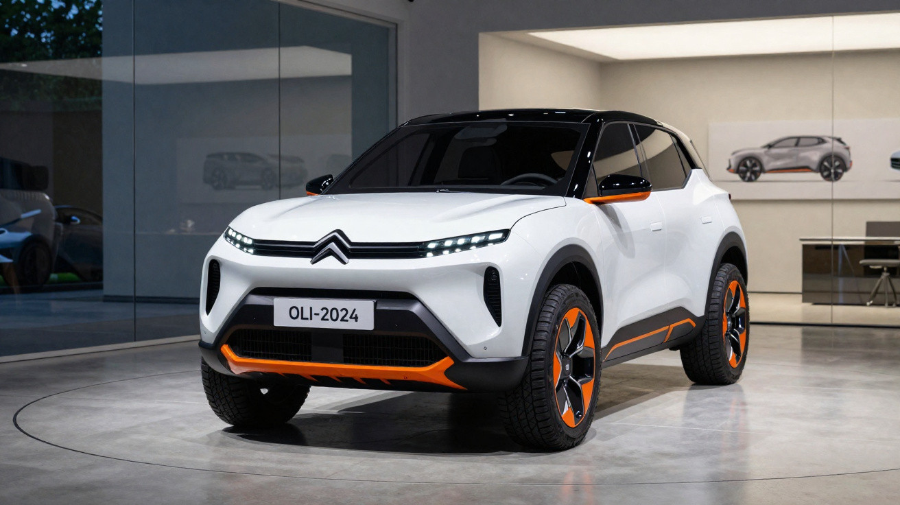 Carro elétrico Citroën OLI-2024 branco com detalhes em laranja exposto em showroom moderno.