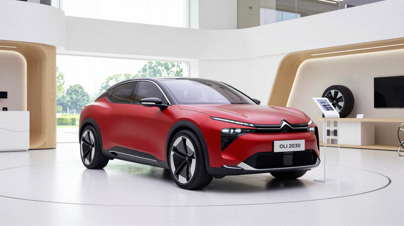 Carro elétrico vermelho modelo OLI 2030 em exibição em ambiente moderno e iluminado.