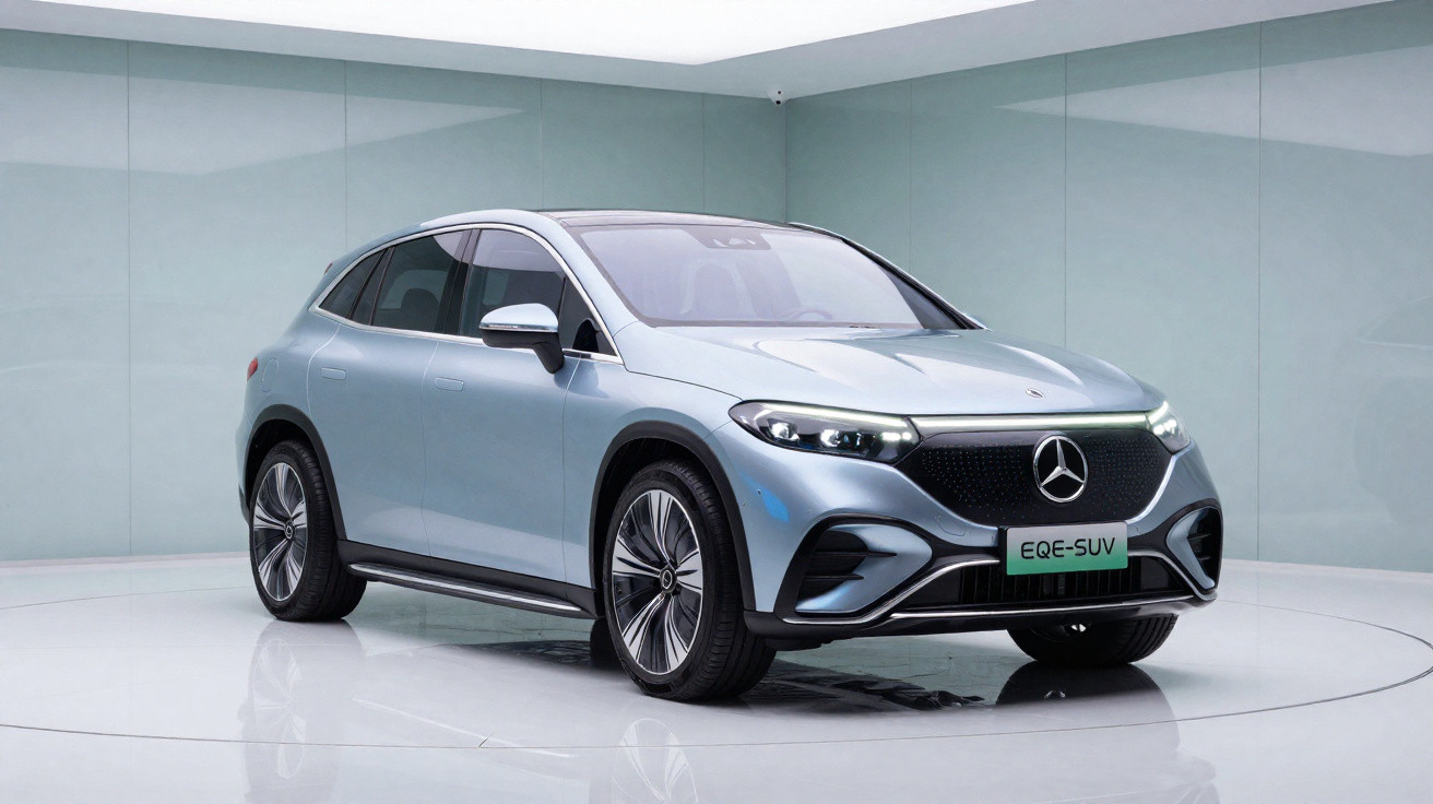 Carro elétrico Mercedes-Benz EQE-SUV prata em ambiente minimalista com fundo cinza claro.
