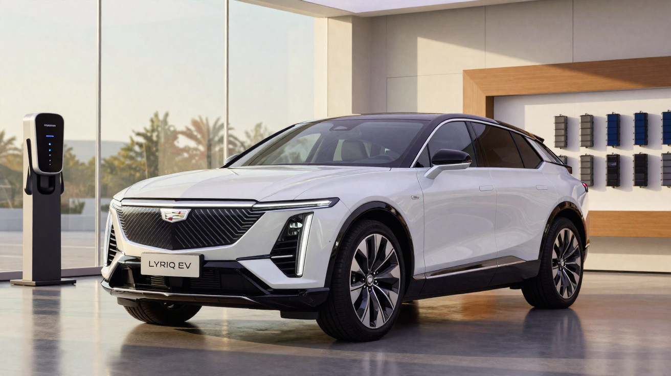 Carro elétrico branco Cadillac Lyriq EV estacionado em showroom moderno com estação de recarga ao lado.