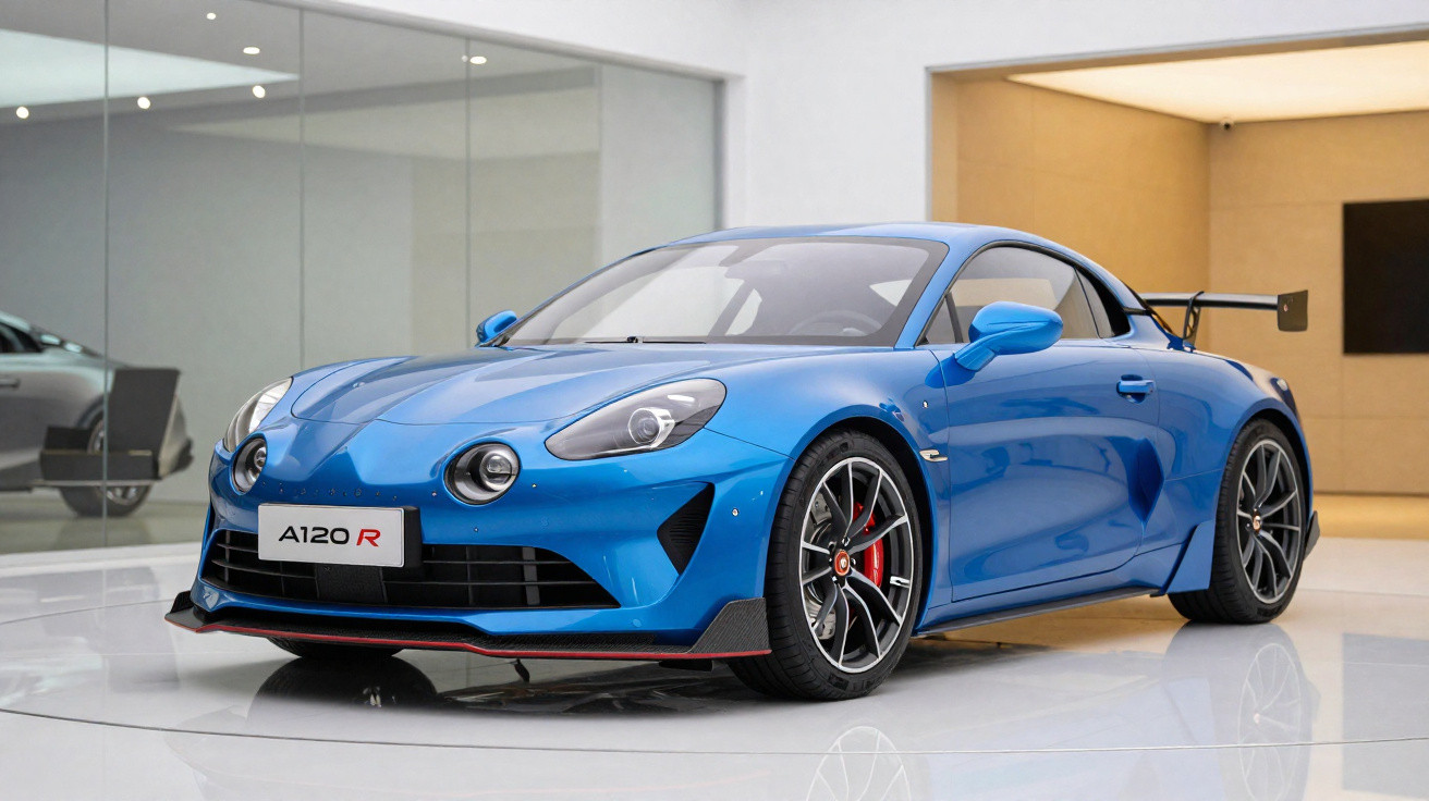 Carro esportivo azul Alpine A120 R exposto em ambiente interno moderno e iluminado.