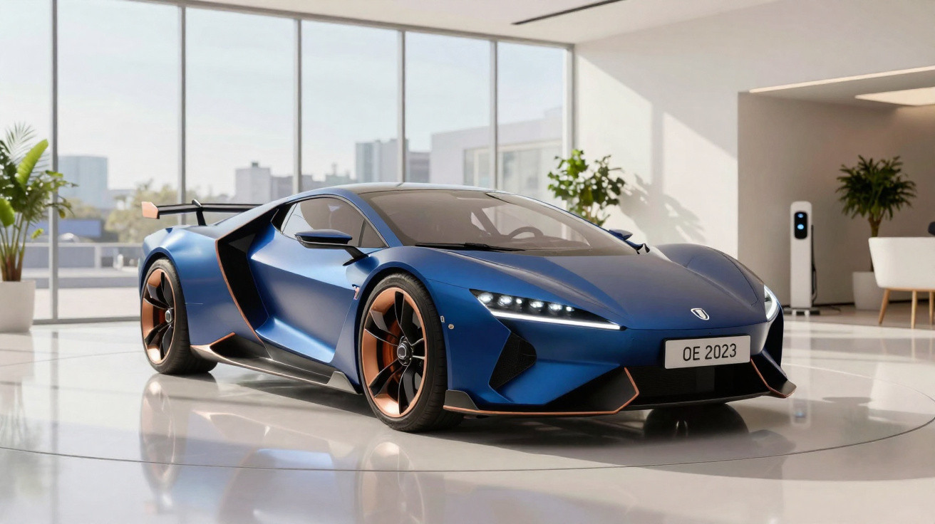 Carro esportivo elétrico azul com detalhes em cobre estacionado em ambiente moderno e iluminado.