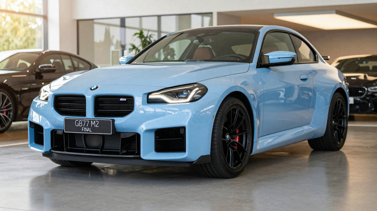 Carro esportivo BMW M2 azul claro estacionado em showroom com piso brilhante.