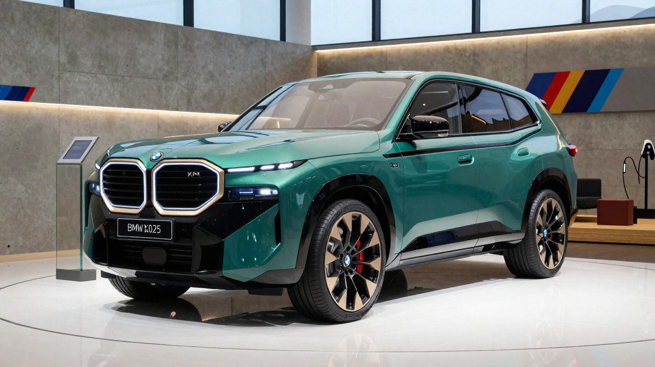 SUV elétrico BMW XM verde em exposição com design futurista e rodas grandes.