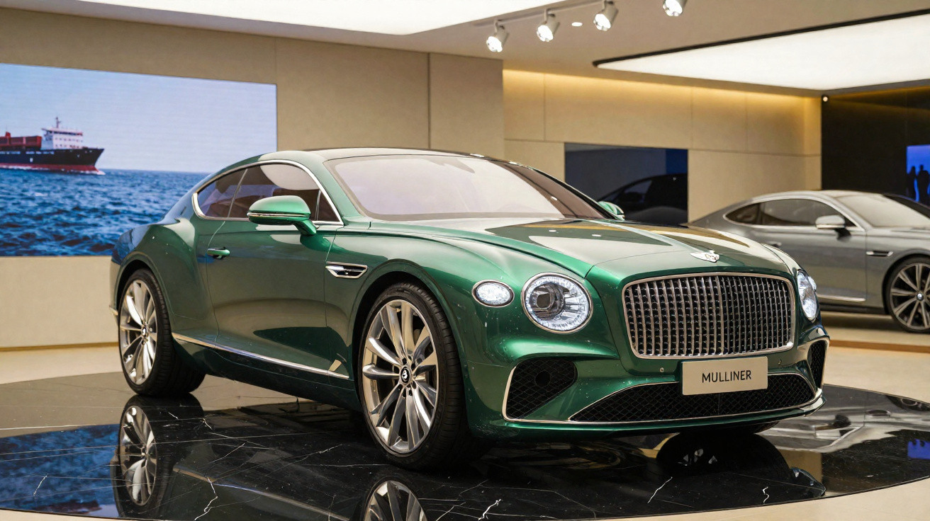 Carro esportivo verde Bentley Mulliner exposto em salão com iluminação e reflexo no chão preto.