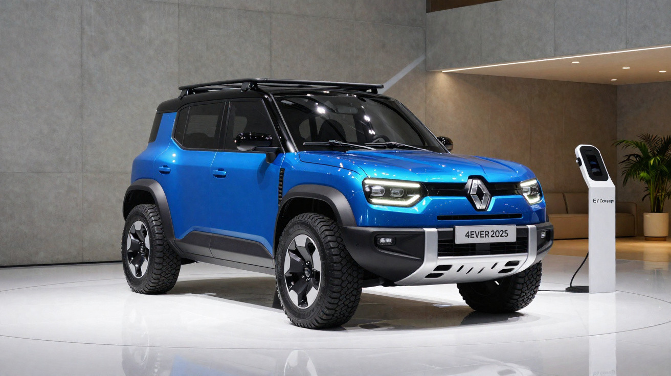 Carro elétrico azul Renault 4ever 2025 exibido em salão, com posto de carregamento ao lado.