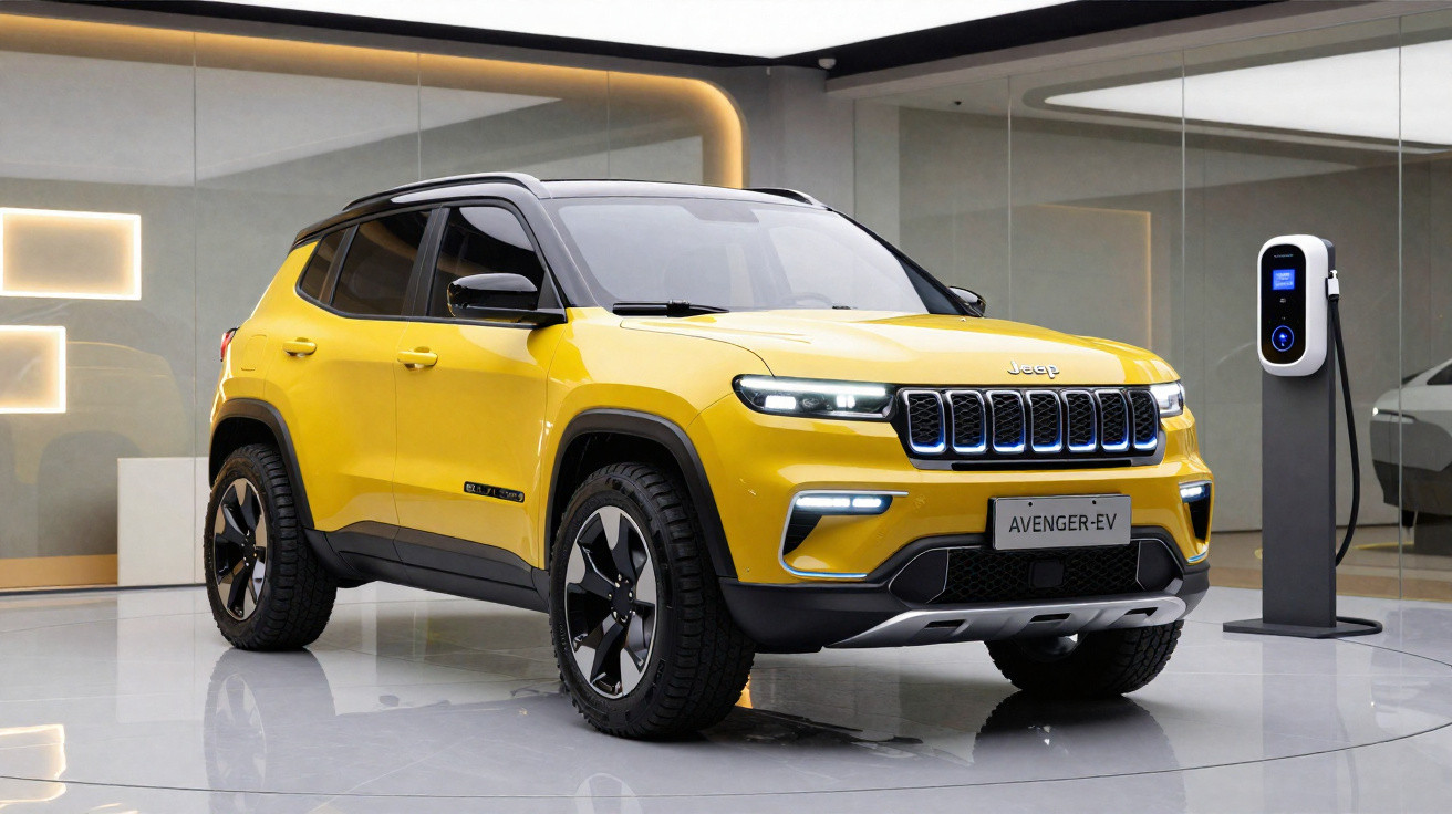 SUV elétrico Jeep Avenger EV amarelo estacionado em showroom ao lado de carregador elétrico.