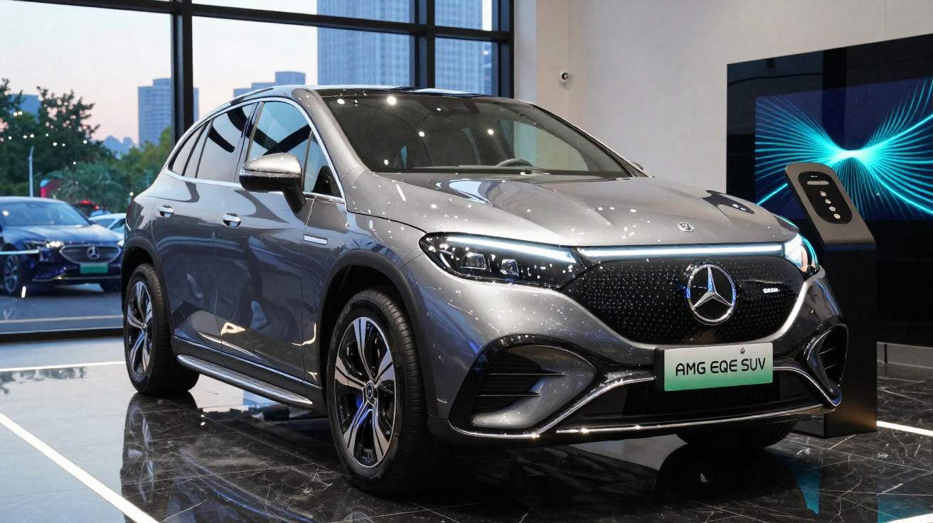Carro elétrico Mercedes-Benz AMG EQE SUV cinza exibido em showroom moderno com iluminação natural.