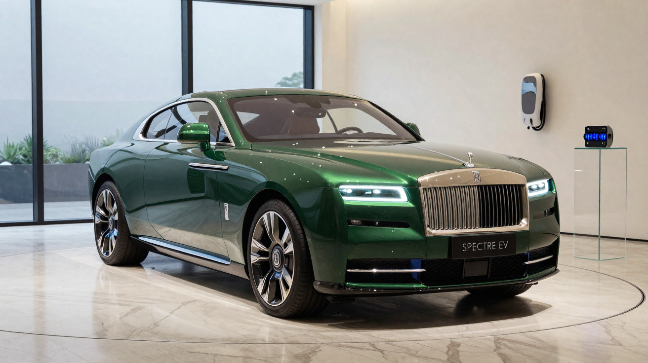 Carro elétrico Rolls-Royce Spectre EV verde em exposição em ambiente interno moderno.