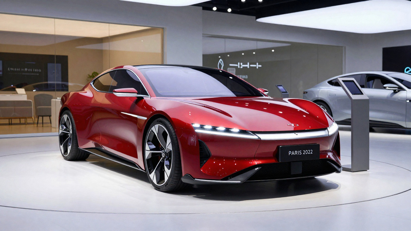 Carro esportivo vermelho elétrico exibido em salão com iluminação moderna e design aerodinâmico.