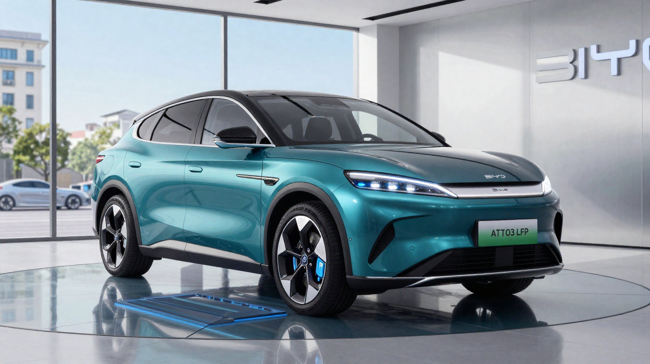 SUV elétrico BYD ATTO3 verde em exposição interna com design moderno e teto preto.