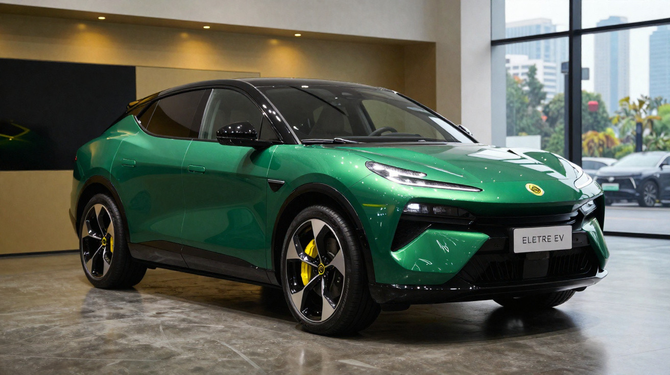 Carro elétrico verde Lotac Eletre EV em exposição interna com detalhes em preto e amarelo.