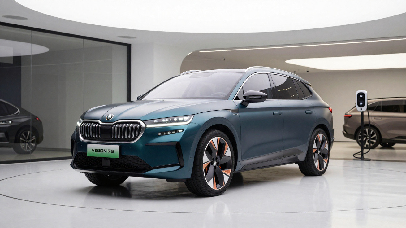 Carro elétrico BMW Vision 75 azul exposto em salão moderno com pontos de carregamento ao fundo.