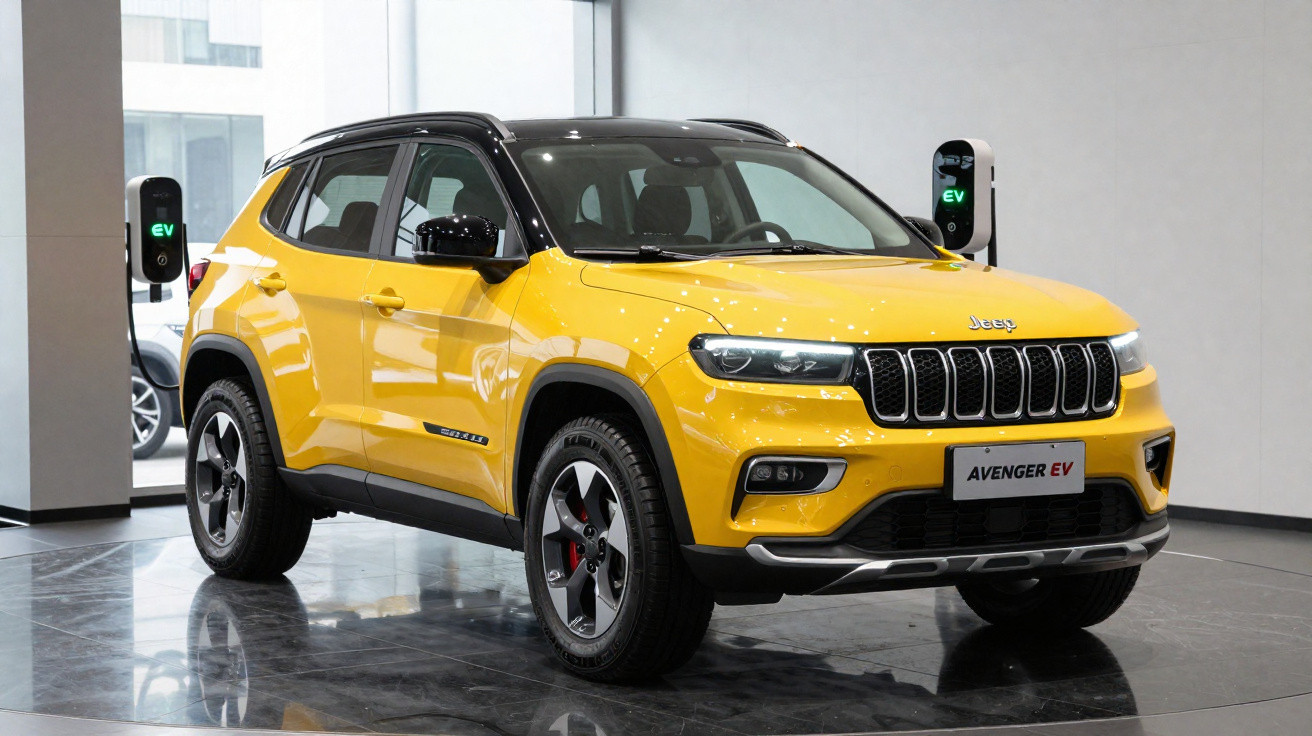 SUV Jeep Avenger EV amarelo estacionado em showroom, conectado a carregador elétrico.