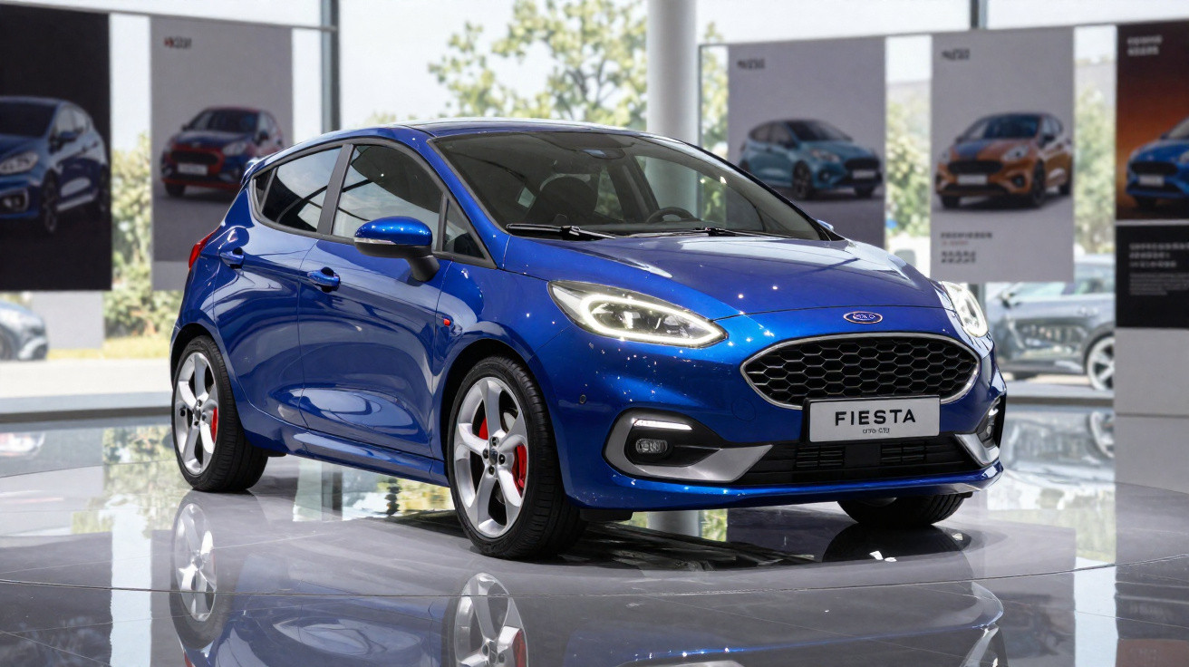 Carro Ford Fiesta azul exposto em salão automotivo com iluminação refletida no piso espelhado.