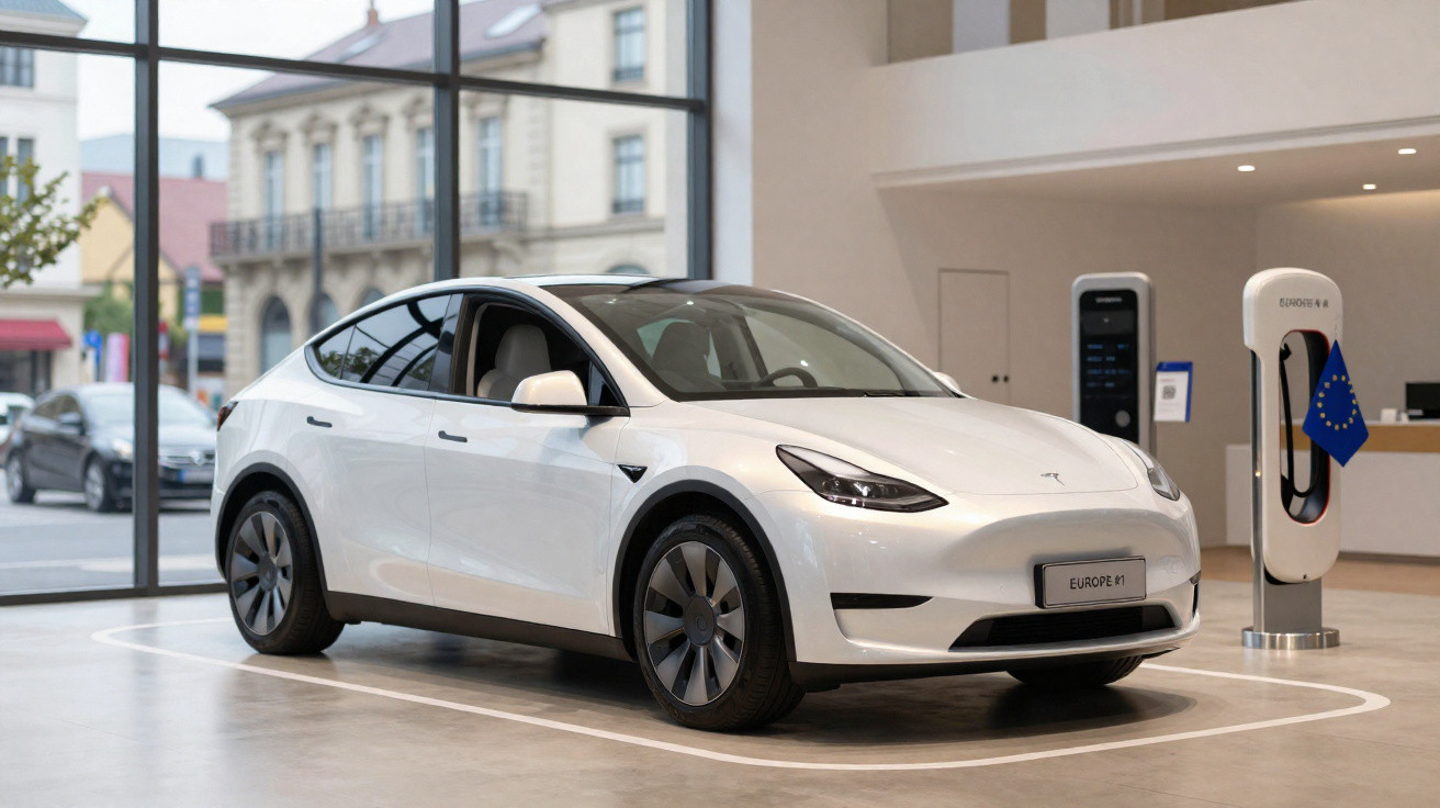 Carro elétrico branco Tesla Model Y estacionado em showroom moderno com estação de carregamento ao lado.