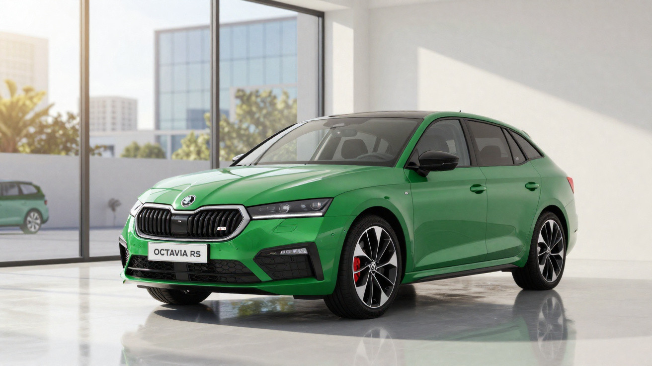 Carro verde Skoda Octavia RS estacionado em ambiente moderno com vidro e iluminação natural.