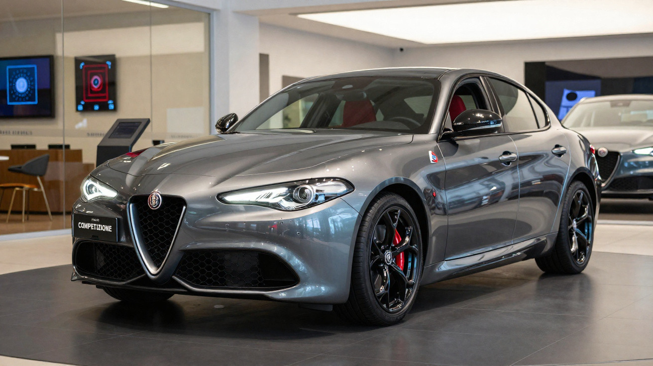 Carro esportivo cinza Alfa Romeo Giulia Quadrifoglio em exposição interna com rodas pretas e freios vermelhos.