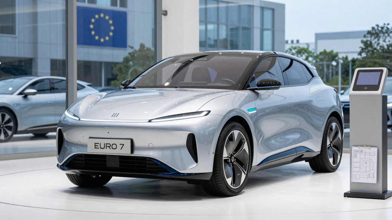Carro elétrico prateado moderno em exposição, com placa "EURO 7" e painel digital ao lado.