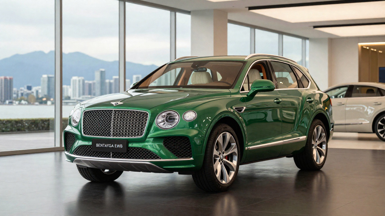 SUV Bentley Bentayga verde em showroom moderno com vista da cidade ao fundo.