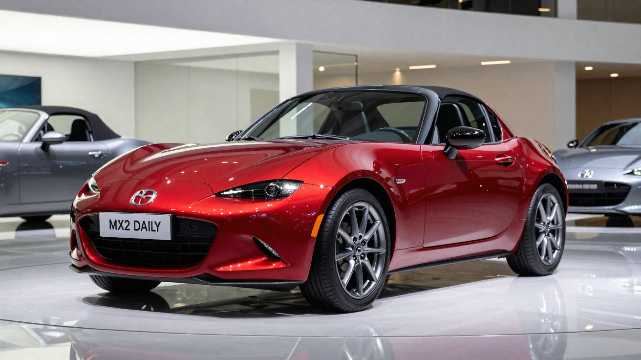 Carro esportivo conversível vermelho brilhante Mazda MX-5 Miata MX2 Daily em showroom moderno.