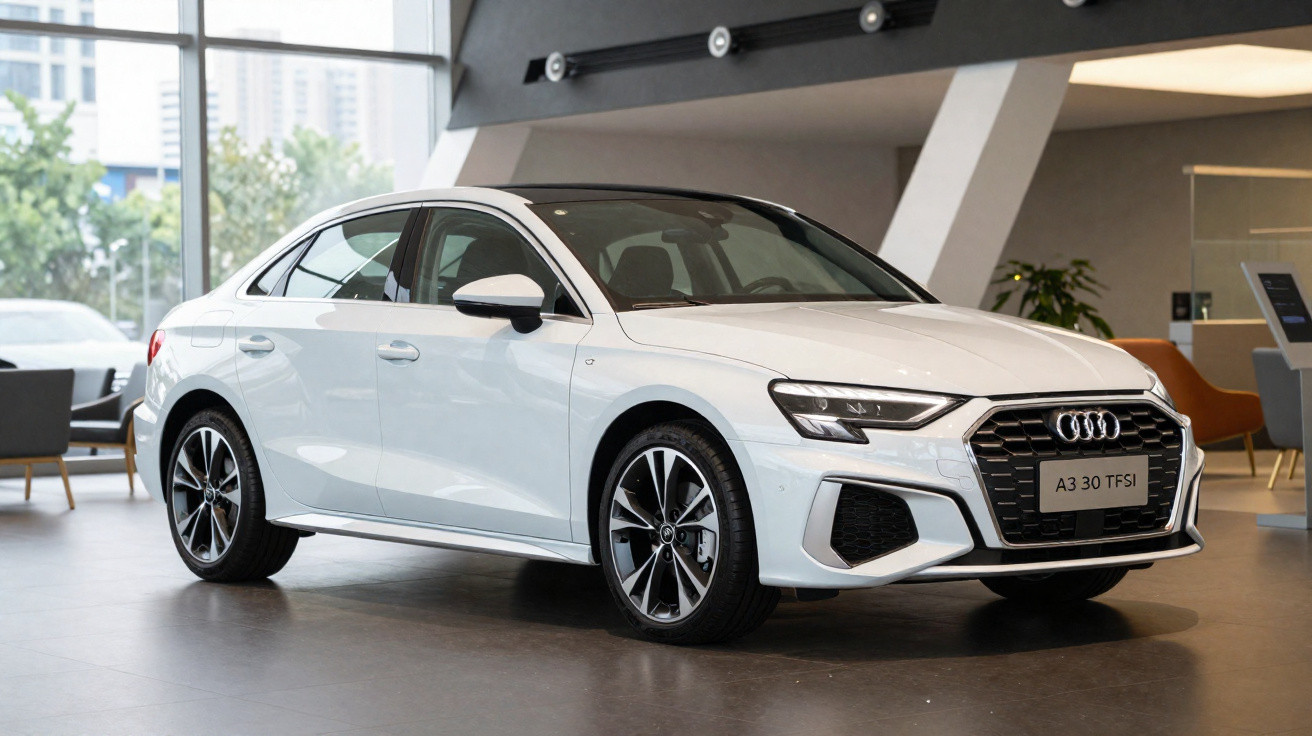 Carro branco Audi A3 30 TFSI estático em showroom moderno com janelas grandes e decoração minimalista.
