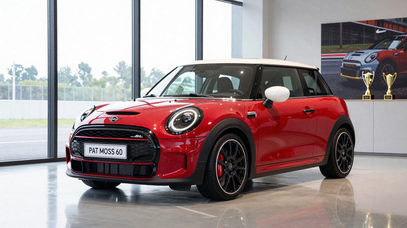 Carro Mini Cooper vermelho com teto branco em exposição interna com troféus ao fundo.