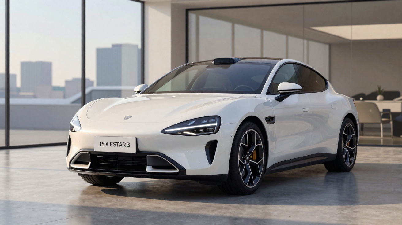 Carro elétrico branco Polestar 3 estacionado em ambiente interno moderno com janelas grandes.