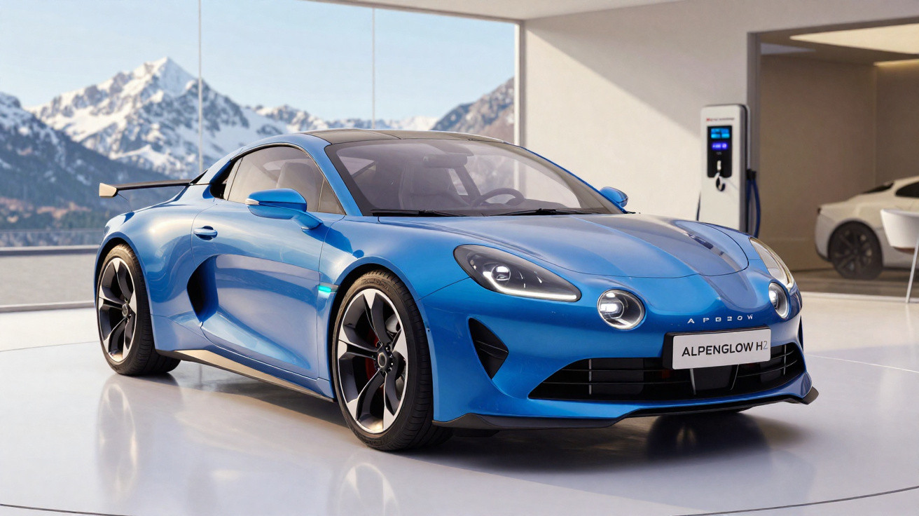 Carro esportivo elétrico azul estacionado em garagem com janela para montanhas nevadas ao fundo.