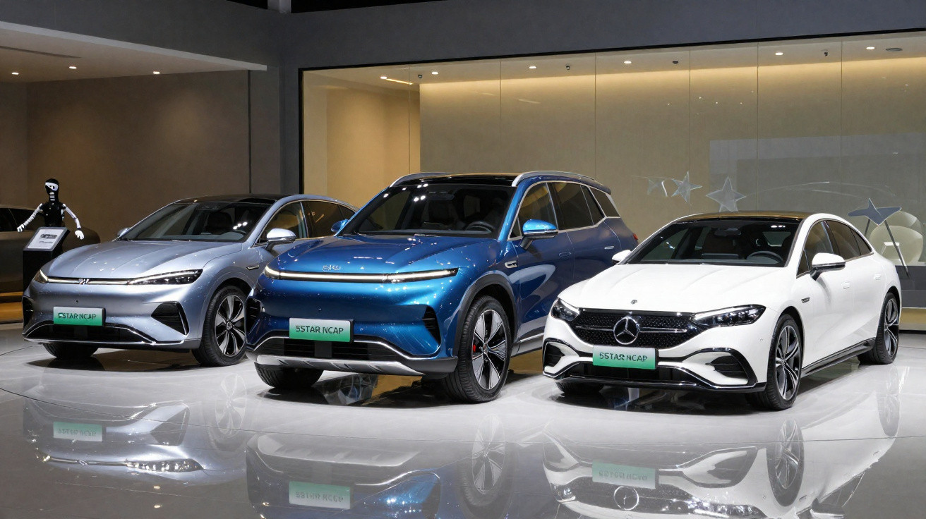 Três carros elétricos modernos em exposição dentro de showroom iluminado, de cores prata, azul e branco.