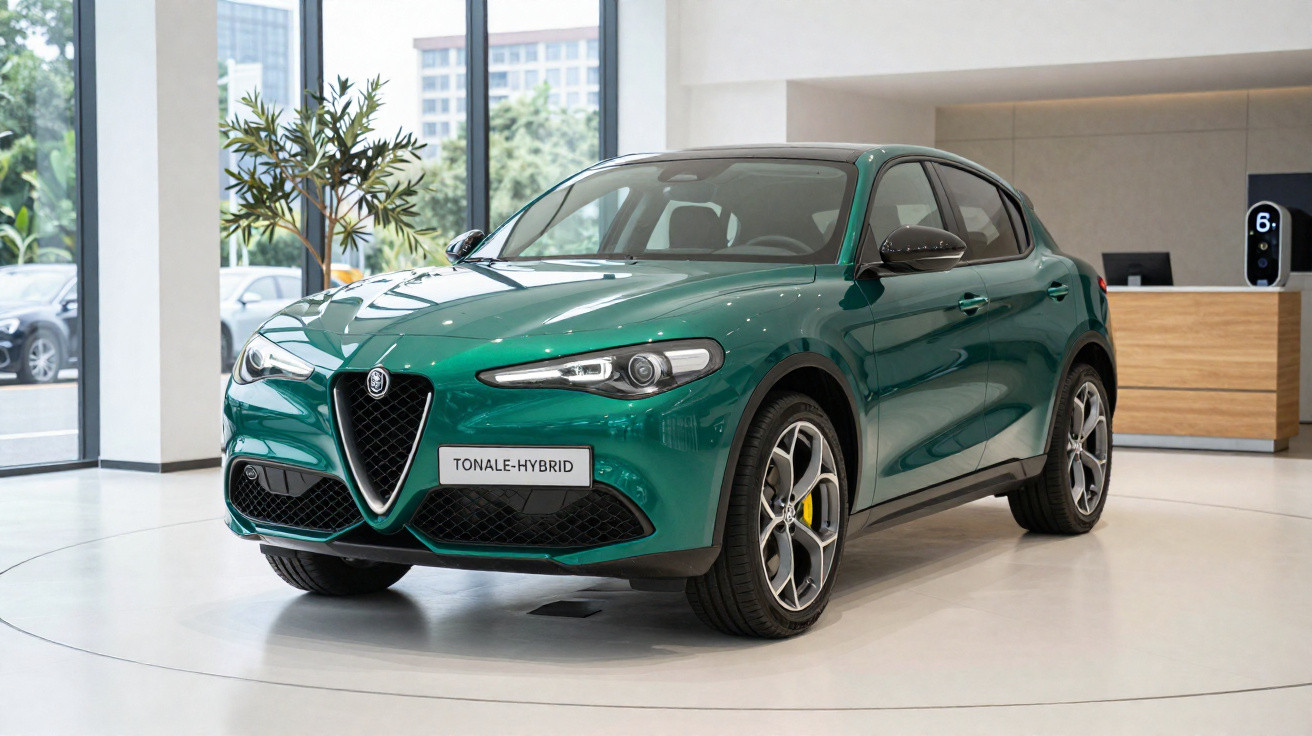 Carro Alfa Romeo Tonale Hybrid verde exibido em showroom moderno com piso branco e decoração minimalista.
