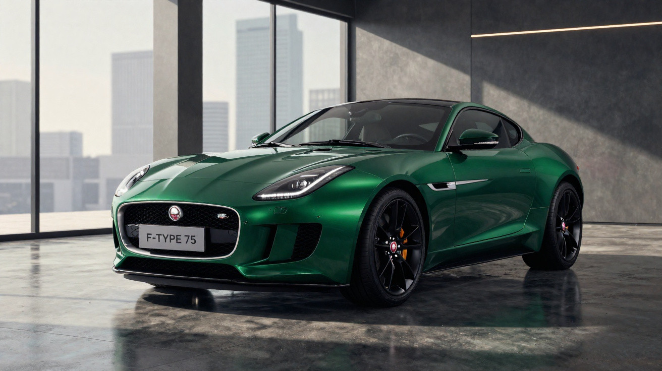 Carro esportivo verde Jaguar F-Type 75 com rodas pretas estacionado em garagem moderna com janelas grandes.