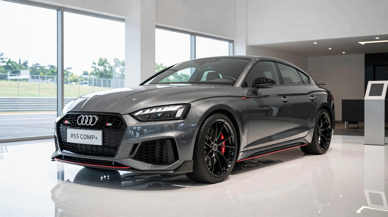 Carro esportivo Audi RS5 Comp+ cinza em showroom com piso branco brilhante e janelas amplas.