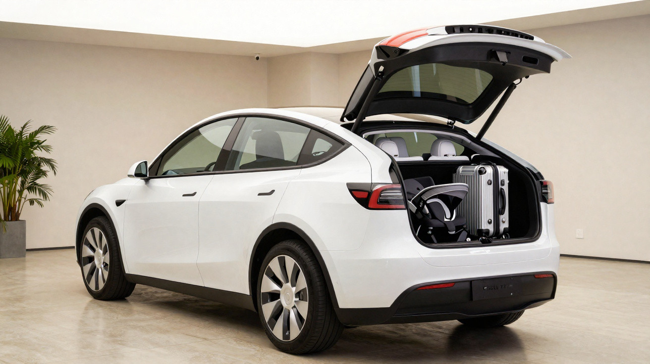 Carro elétrico branco com porta-malas aberto contendo mala e cadeira de rodas em ambiente interno.