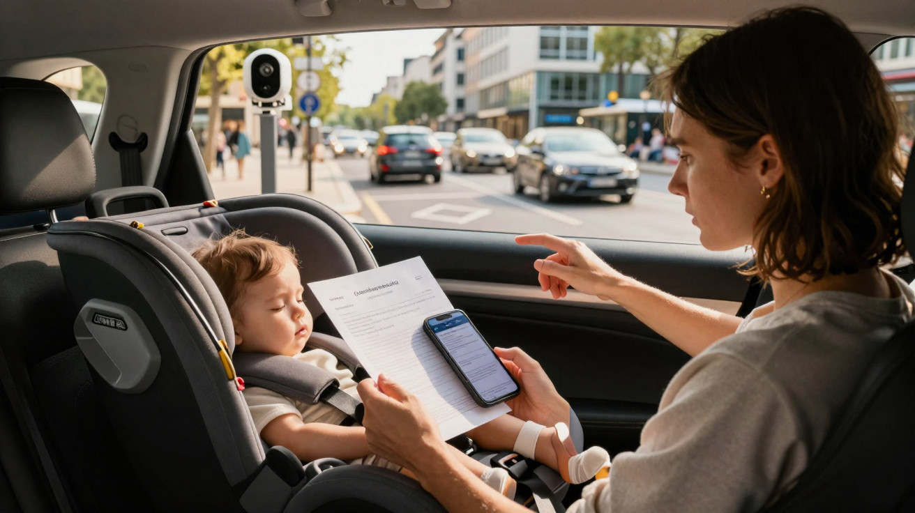 Mulher conferindo documento e celular enquanto bebê está em cadeirinha no banco traseiro do carro.