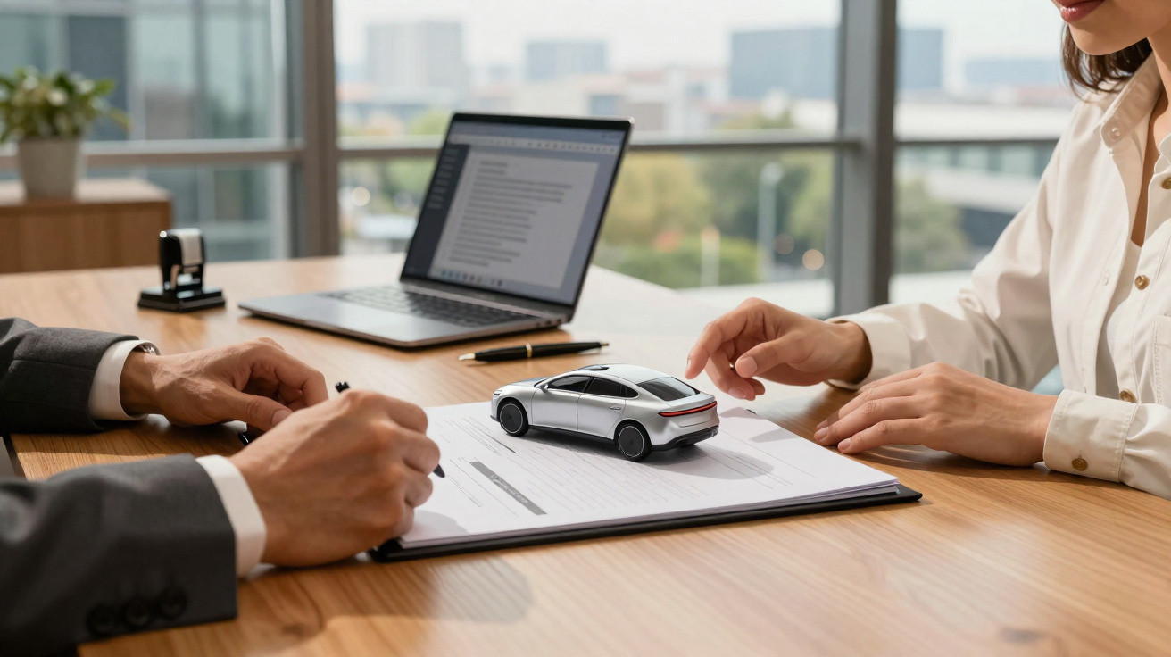 Duas pessoas negociando contrato automotivo com miniatura de carro sobre documentos em mesa de escritório.