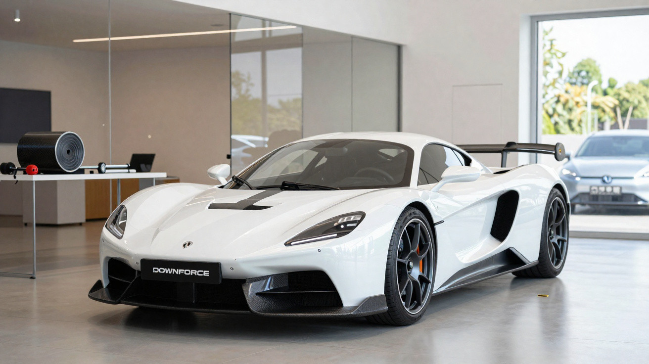 Carro esportivo branco com aerofólio traseiro preto em exposição dentro de showroom moderno.