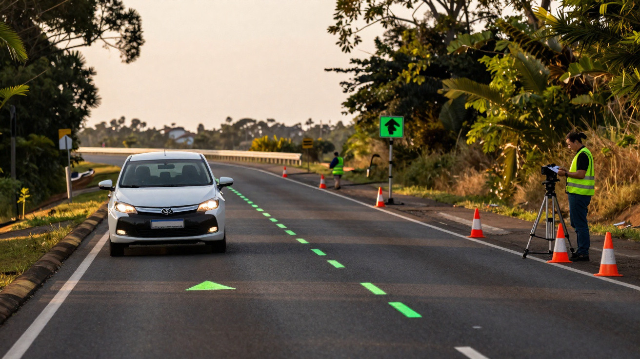 Carro branco seguindo sinalização verde no meio da pista com técnicos registrando dados na margem da estrada.