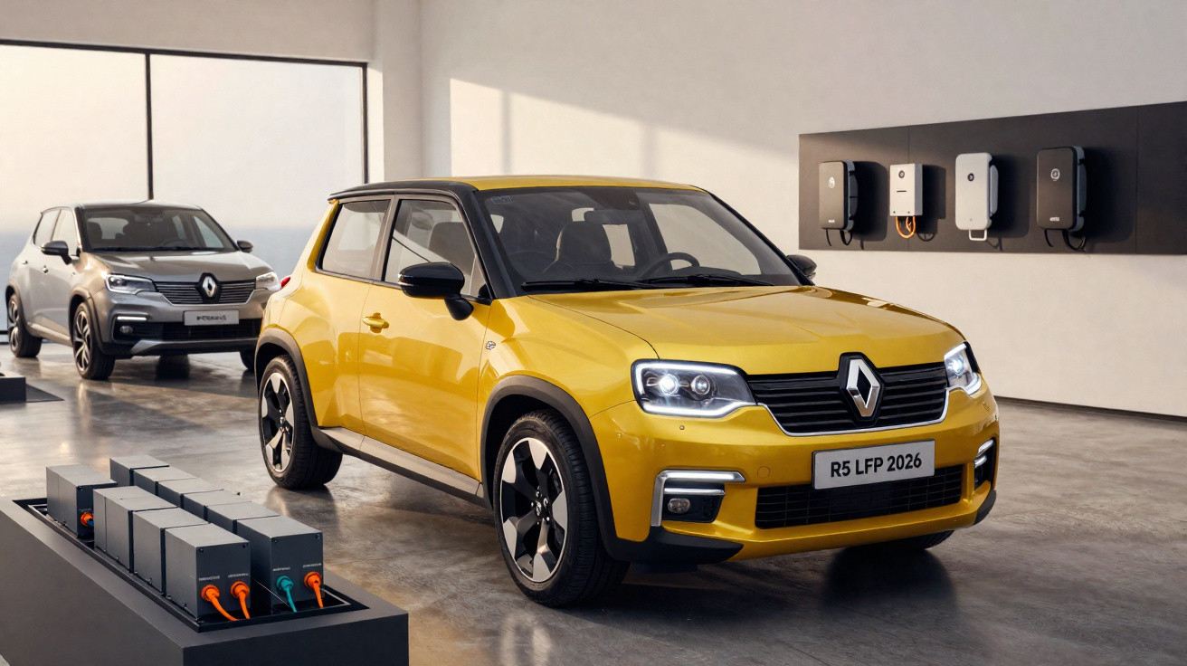 Carro elétrico Renault amarelo em showroom com outro veículo cinza e baterias expostas ao lado.